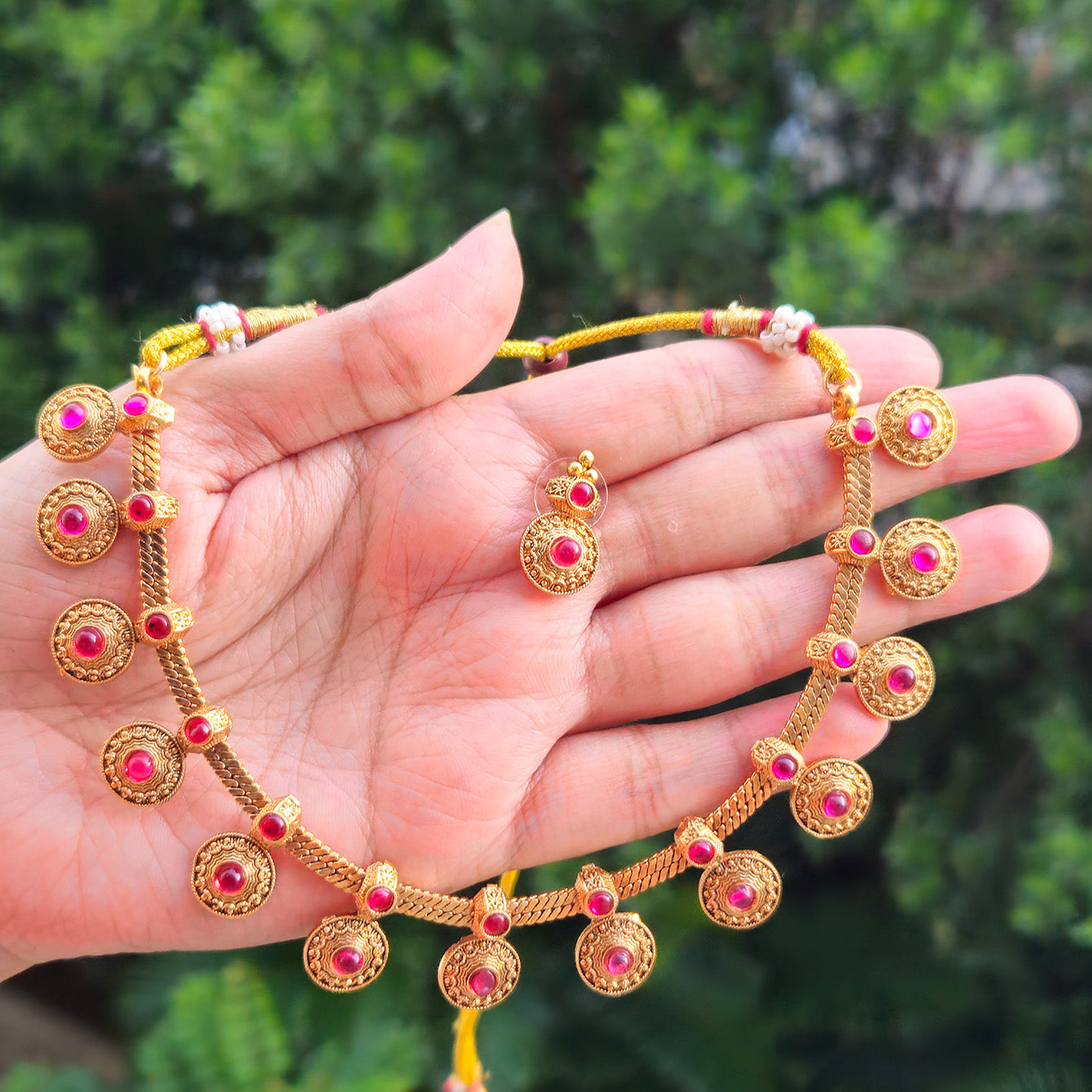 Necklace - Coin - pink with earrings
