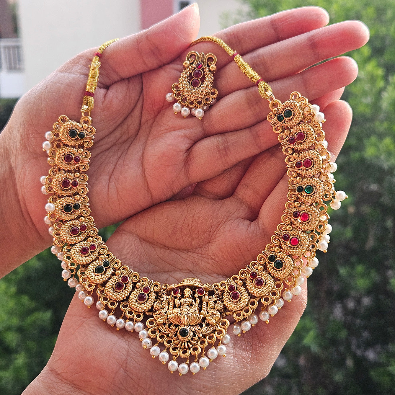 Necklace - Traditional Lakshmi pendant with white pearl drops and earrings
