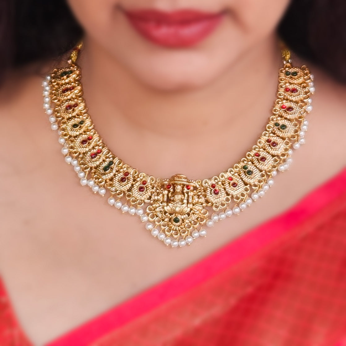 Necklace - Traditional Lakshmi pendant with white pearl drops and earrings