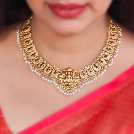 Necklace - Traditional Lakshmi pendant with white pearl drops and earrings