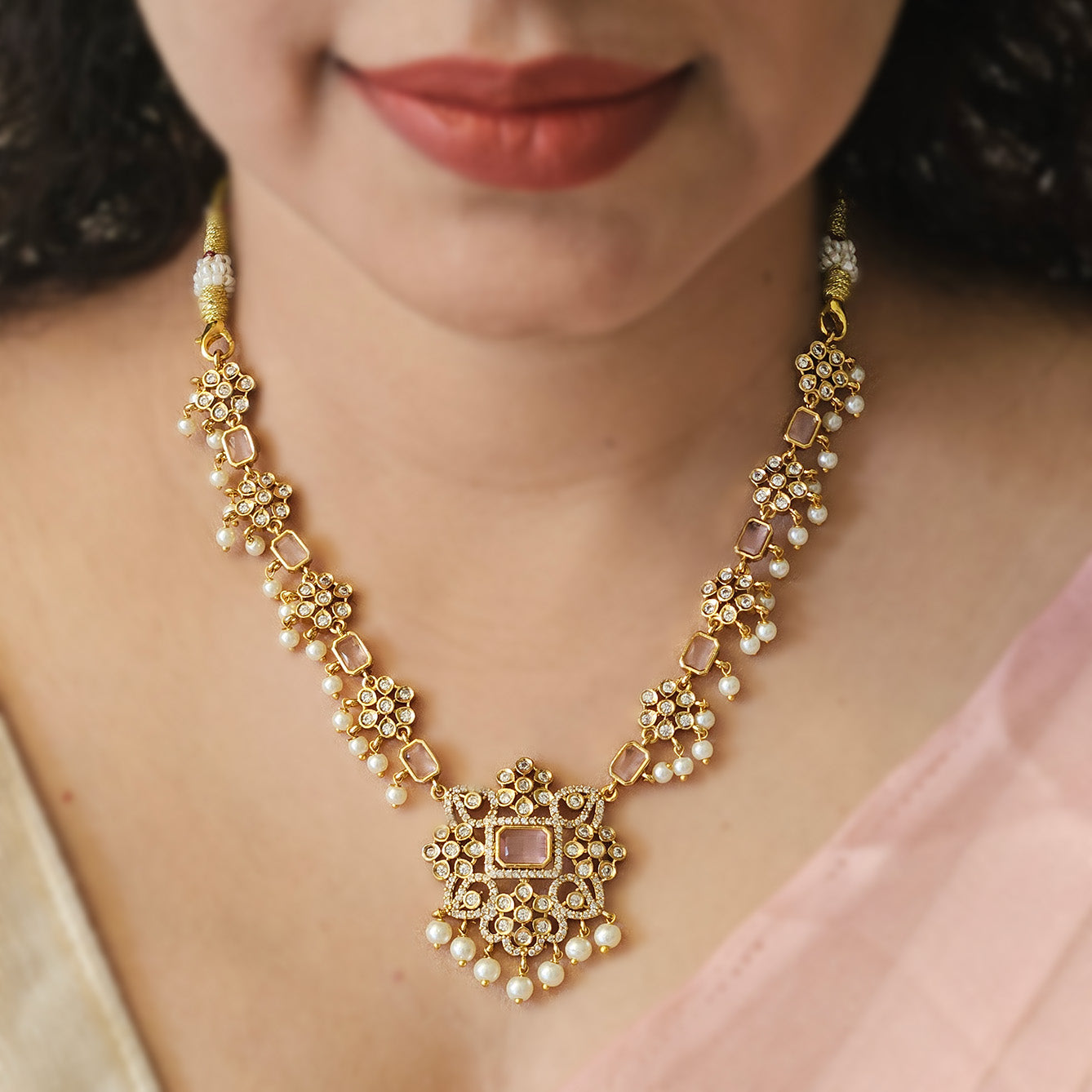 AD stone necklace - Baby pink - pearl drops - with earrings - Premium quality