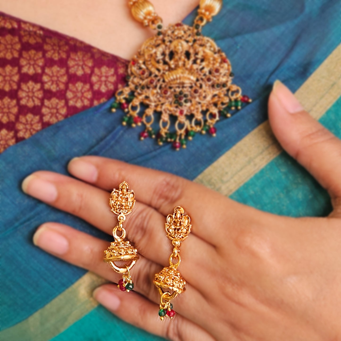 Long Lakshmi pendant green and red drops