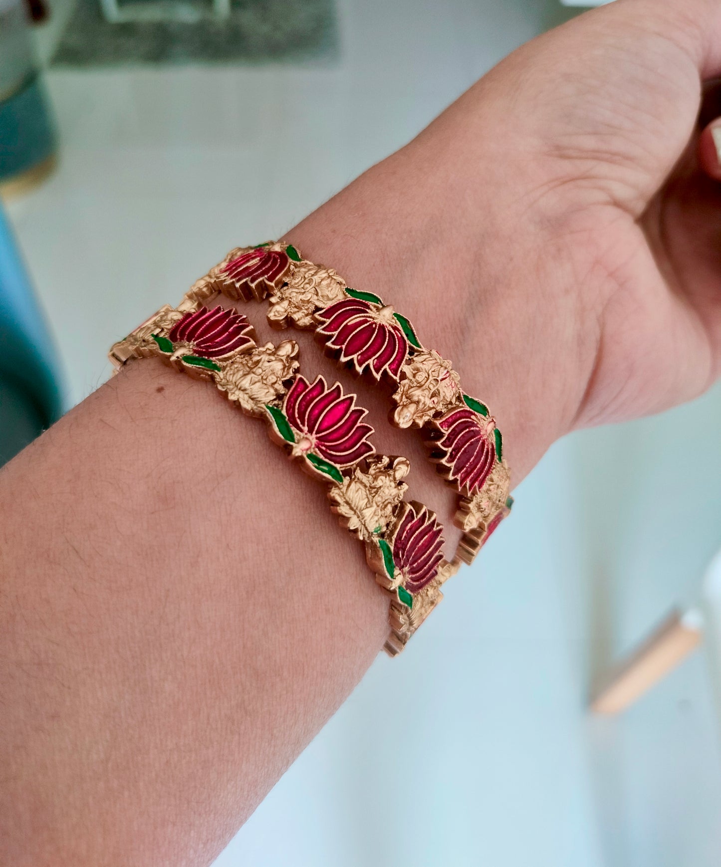 Bangles set of 2 size 2.4 - Lakshmi with Lotus - Antique