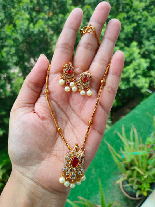 Long chain with AD stoned pendant and earrings