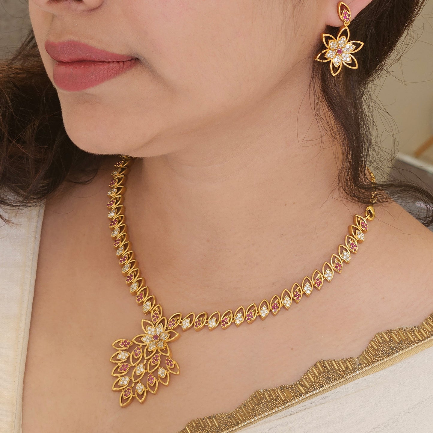 AD stone necklace Premium quality - Ruby and White