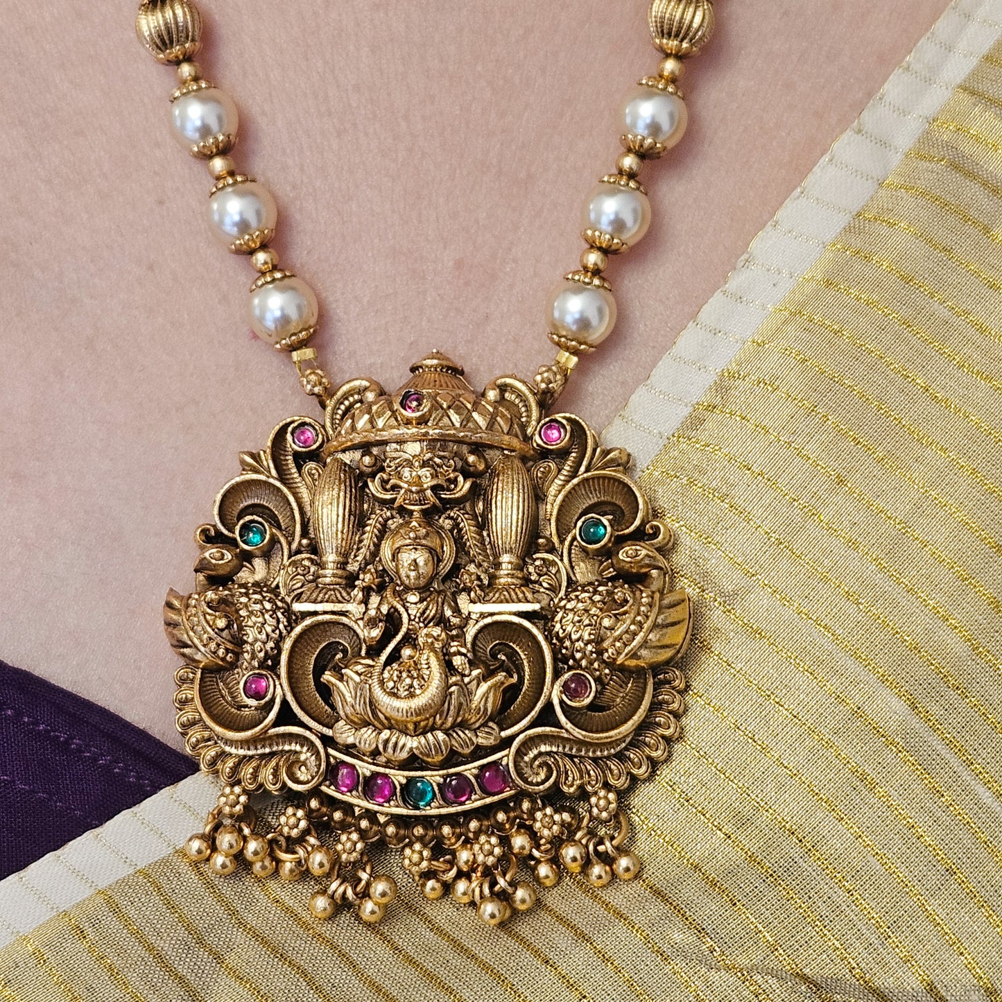 1 Short haram Pearl with Elephant and Lakshmi pendant- Onam