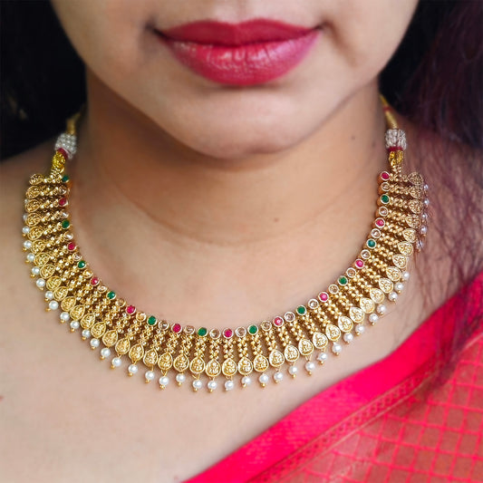 Necklace - gold plated - Lakshmi coin and pearl drops with earrings premium quality