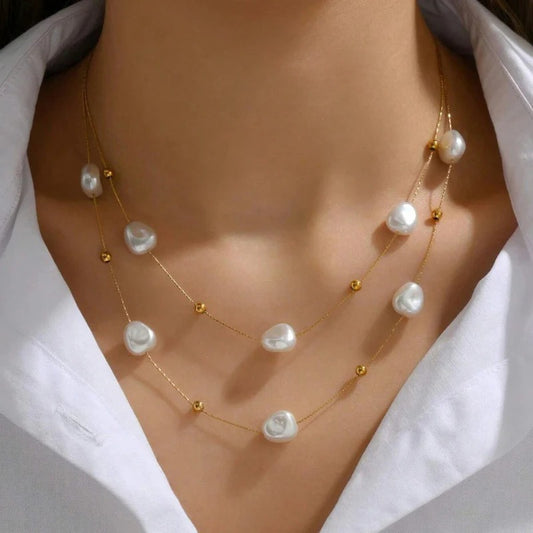 Stainless steel Anti tarnish necklace pearl double layer