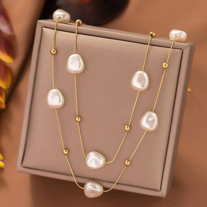 Stainless steel Anti tarnish necklace pearl double layer
