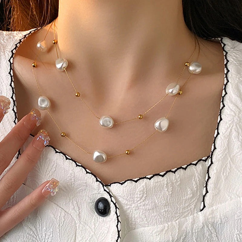 Stainless steel Anti tarnish necklace pearl double layer