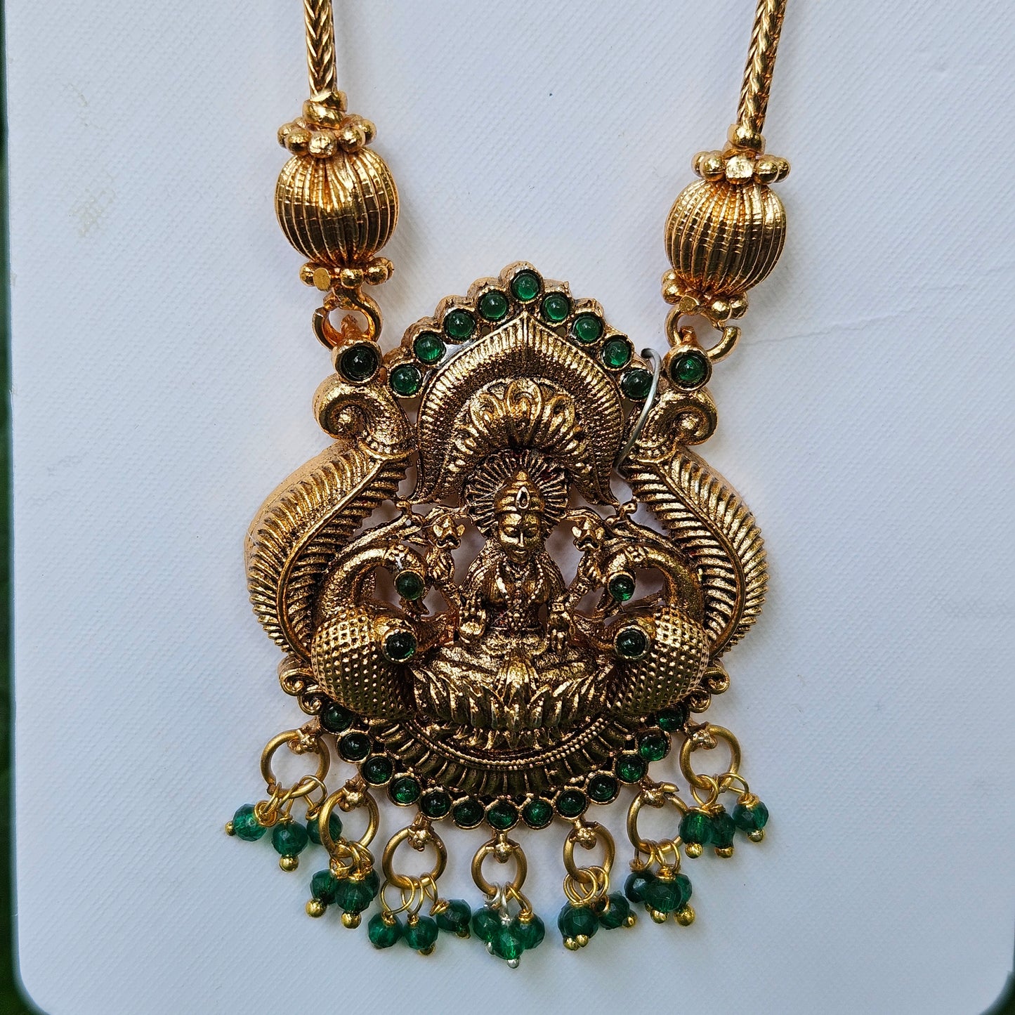 Necklace - Long - Lakshmi pendant and green drops with jhumka