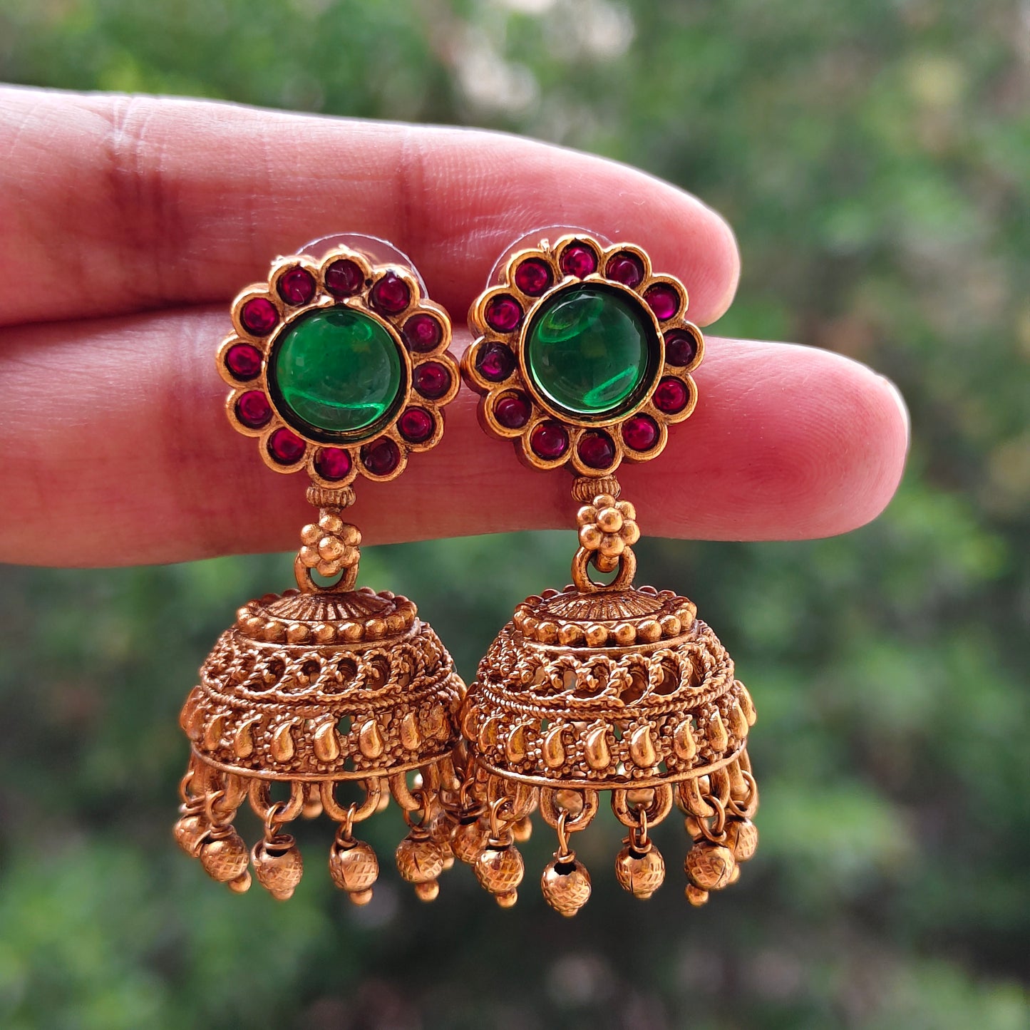 Short haram - Pearl and golden beads chain with Jhumkas