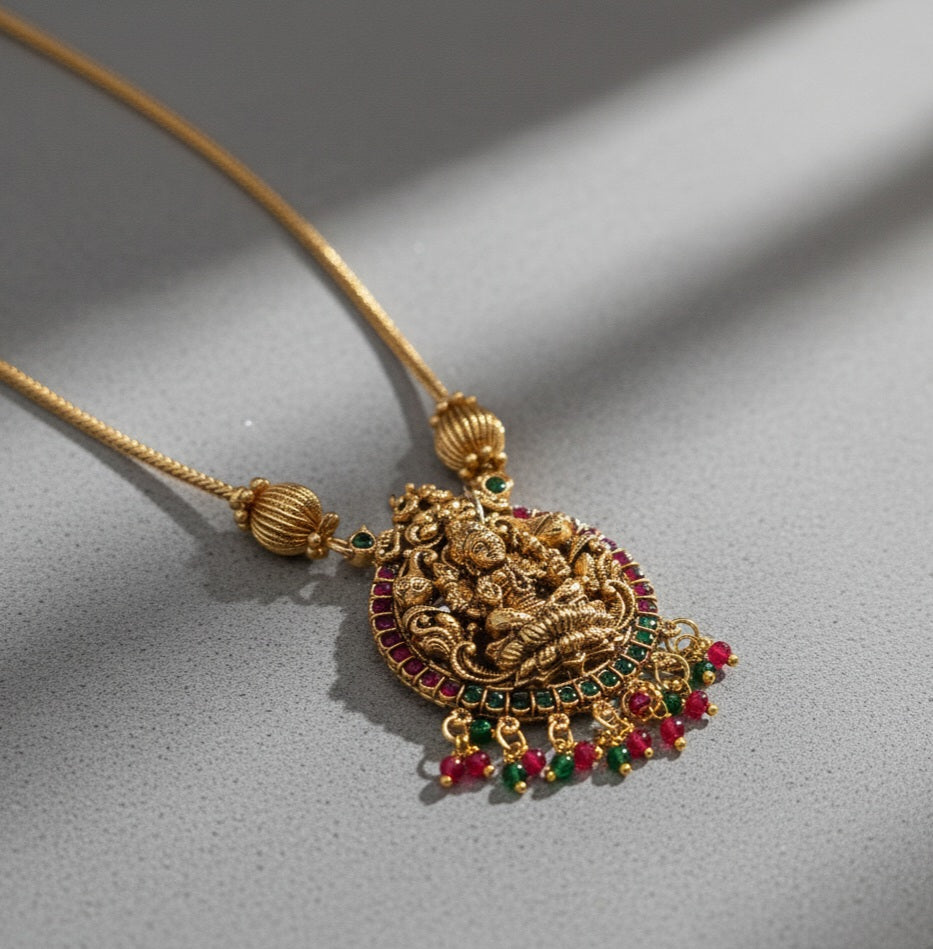 Necklace - Long - Lakshmi pendant and drops with jhumkas