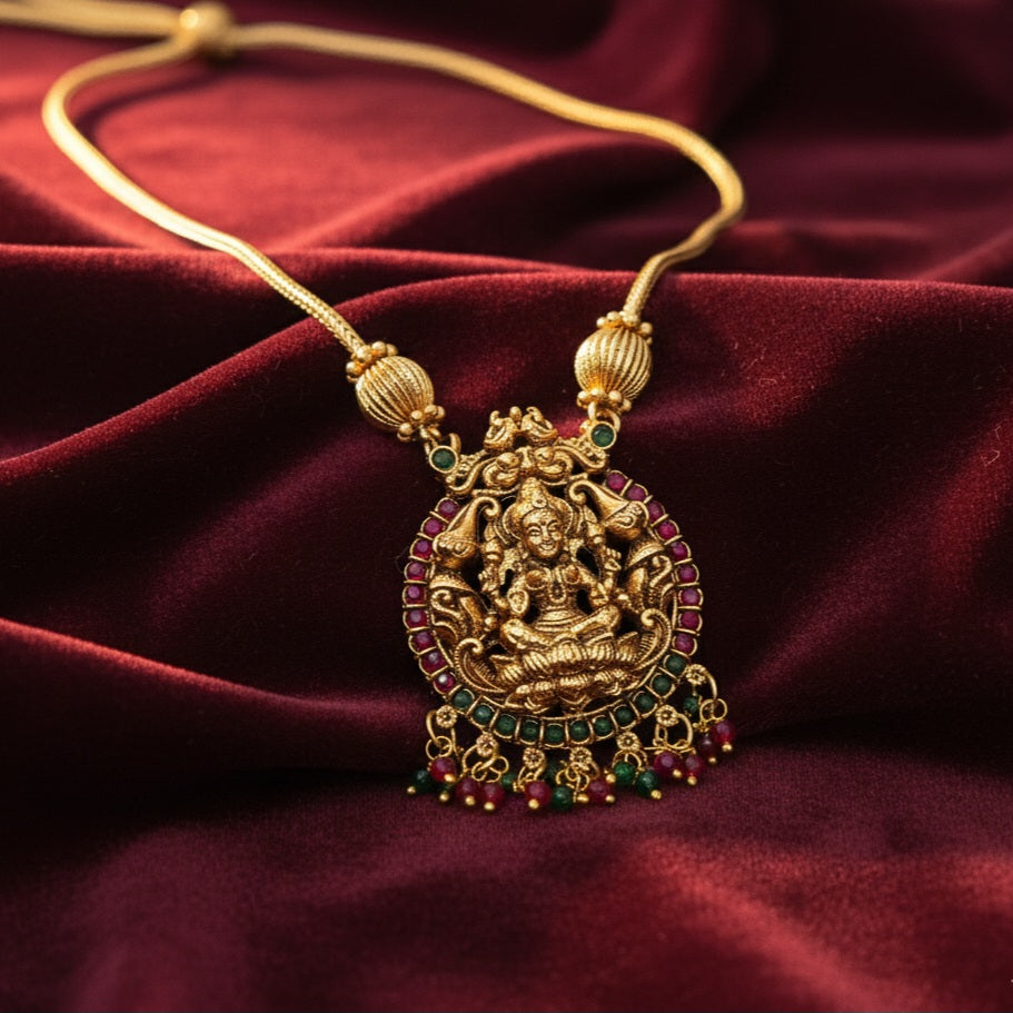 Necklace - Long - Lakshmi pendant and drops with jhumkas