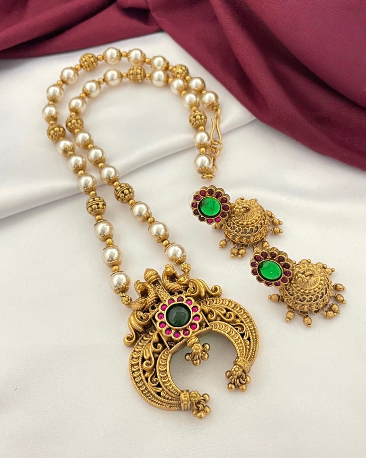 Short haram - Pearl and golden beads chain with Jhumkas