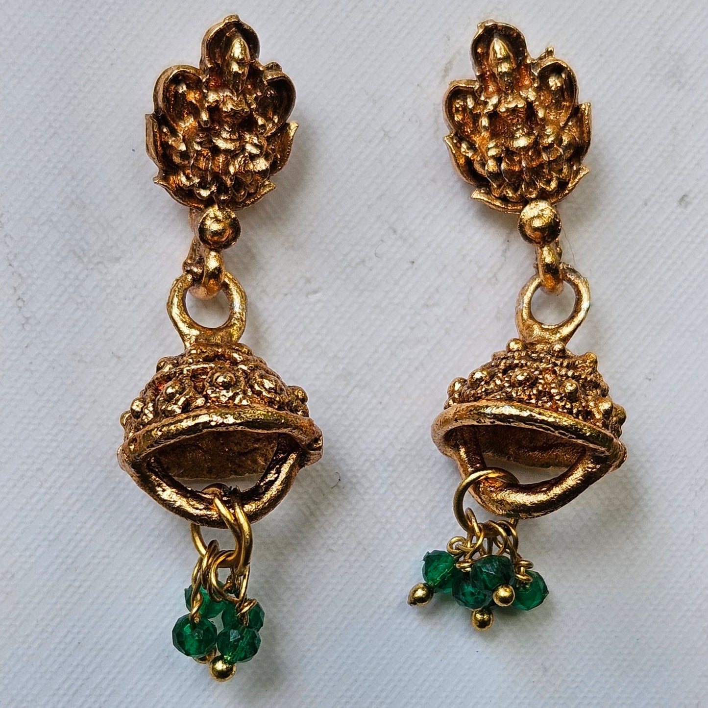 Necklace - Long - Lakshmi pendant and green drops with jhumka