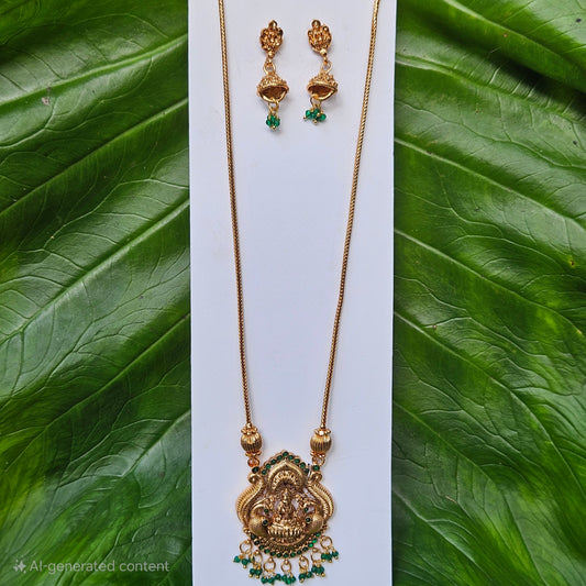 Necklace - Long - Lakshmi pendant and green drops with jhumka