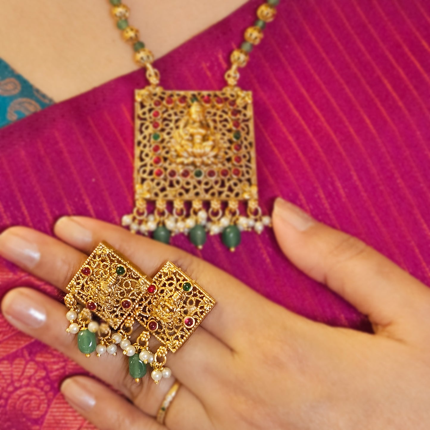 Short haram with golden and green beads