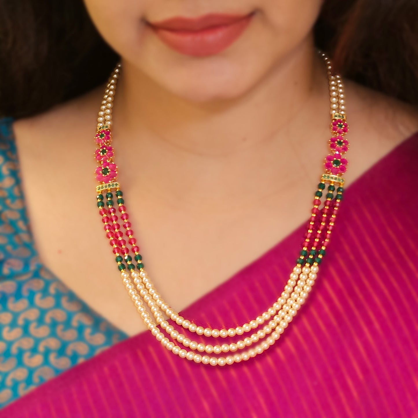 Premium - Multilayer pearl necklace - Ruby and emerald