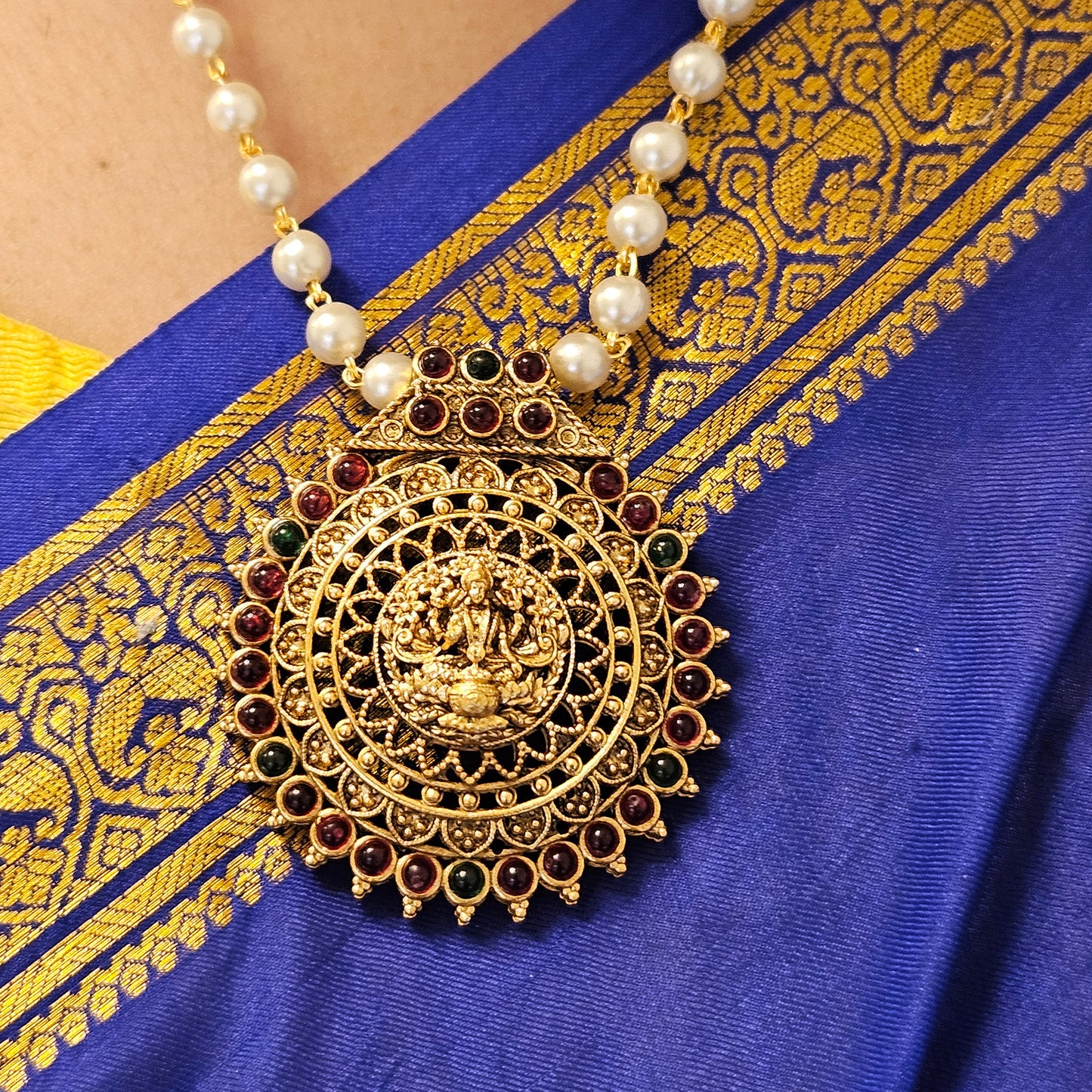 Short haram Pearl -Lakshmi Pendant multicolour stone