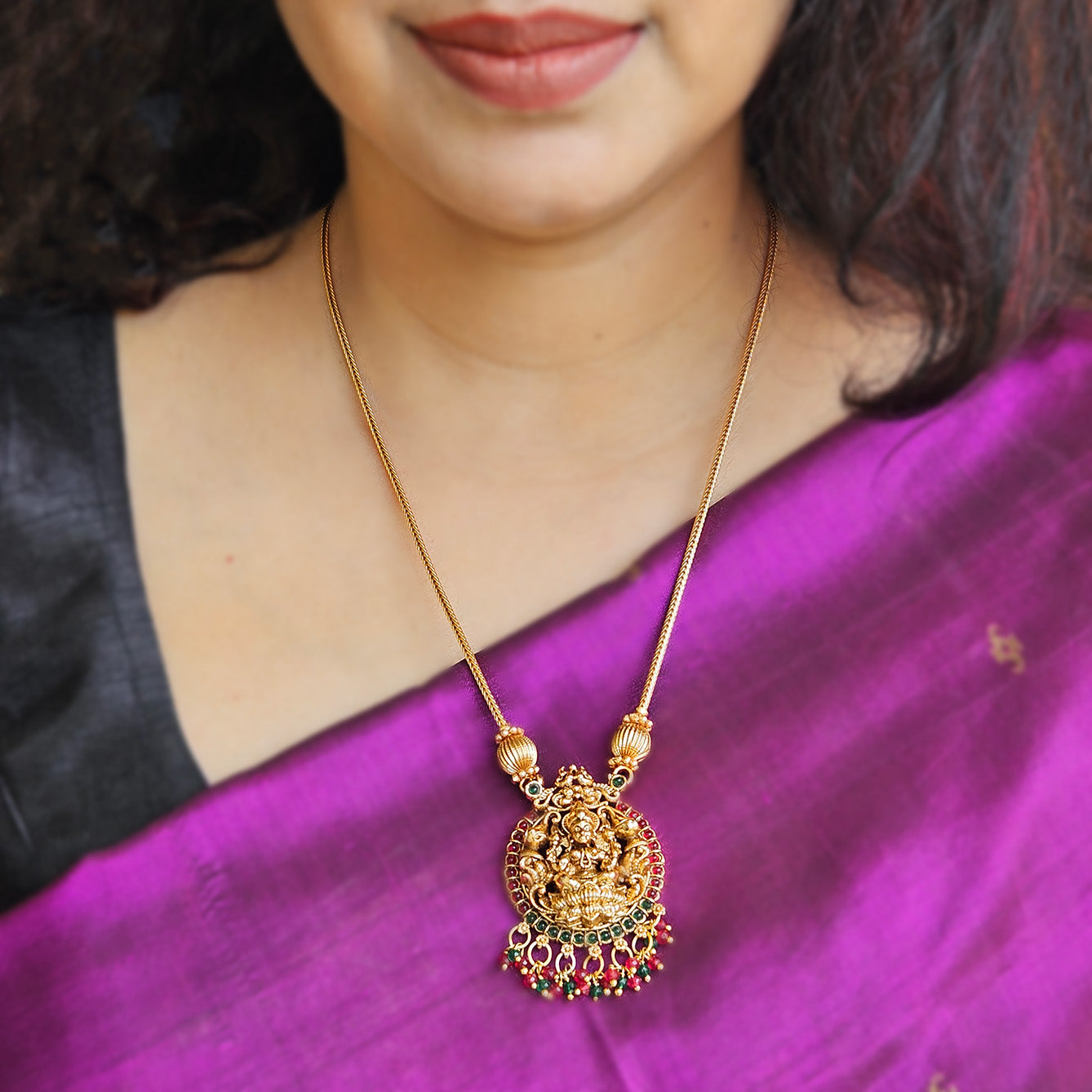 Necklace - Long - Lakshmi pendant and drops with jhumkas