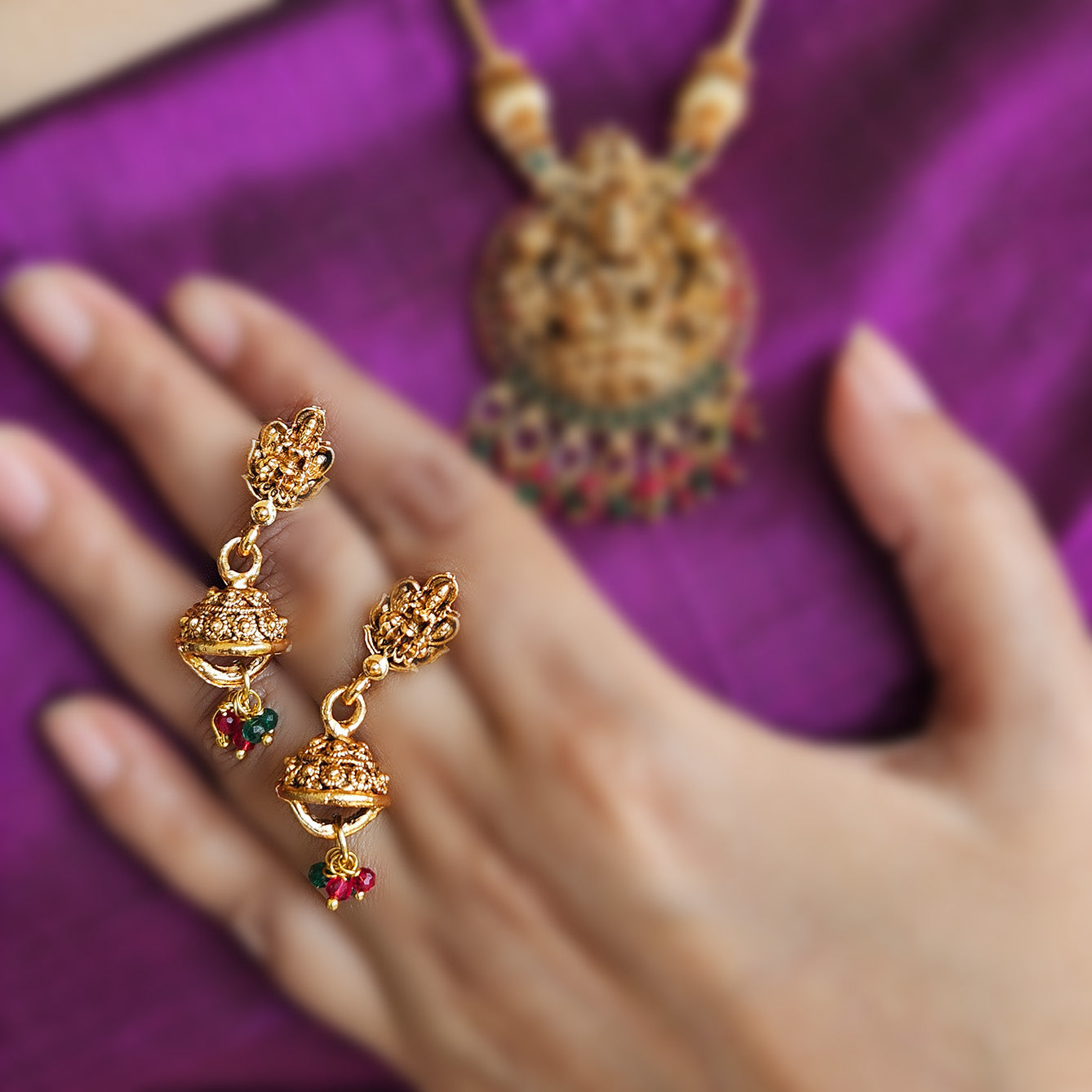 Necklace - Long - Lakshmi pendant and drops with jhumkas