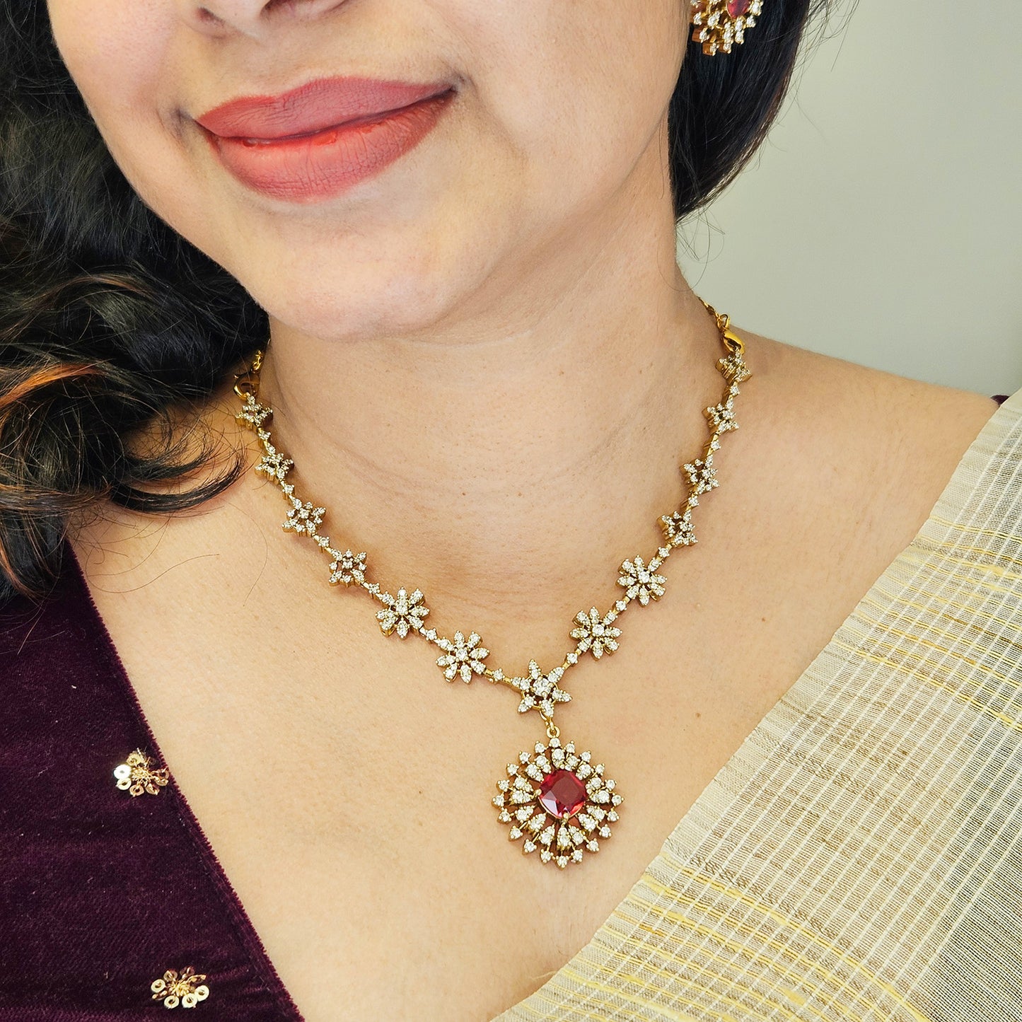 AD stone necklace set ruby pendant